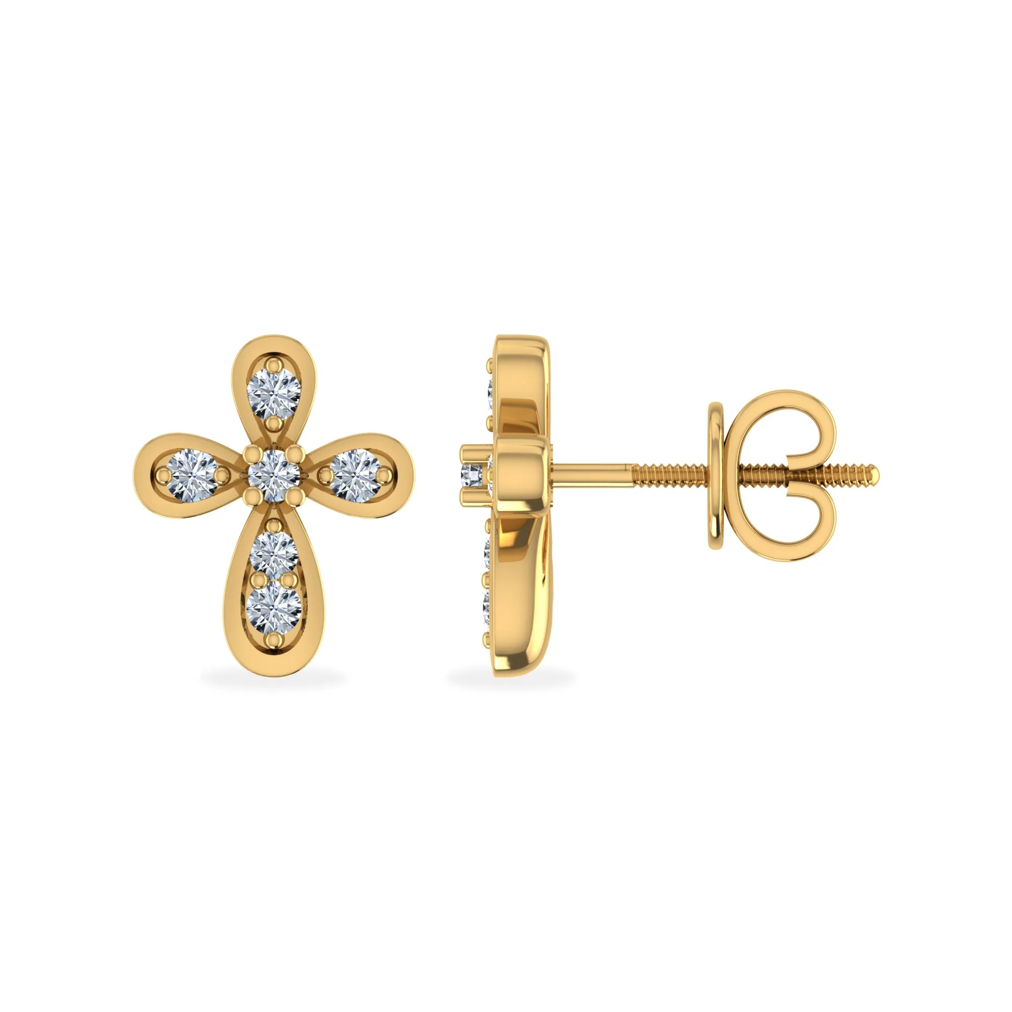 10K Yellow Gold Round Diamond Cross Studs Designer Stud Earrings 1/25 Cttw