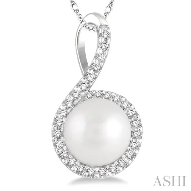 1/10 Ctw Round 7x7mm Pearl Center Round Cut Diamond Pendant in 10K White Gold