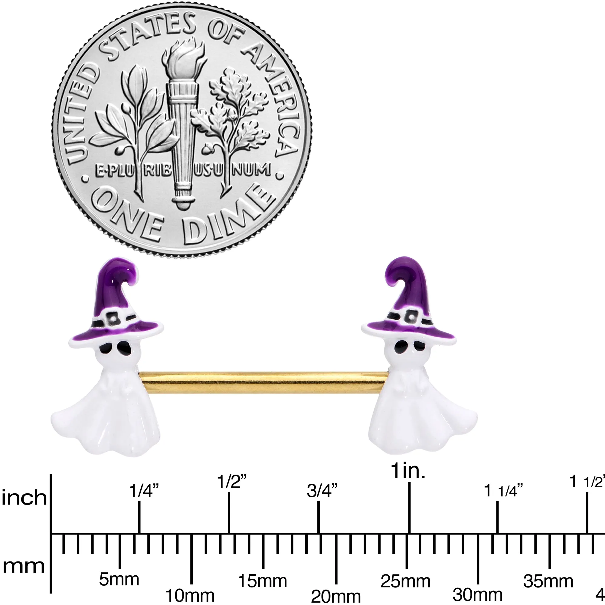 14 Gauge 9/16 Gold Tone Ghost Witch Halloween Barbell Nipple Ring Set