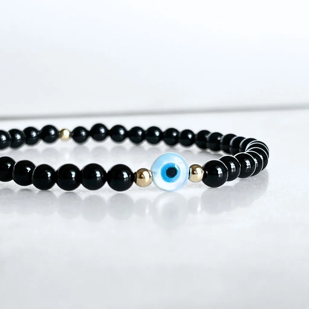 14K Gold Black Tourmaline & Evil Eye Bracelet - Your Lucky Charm