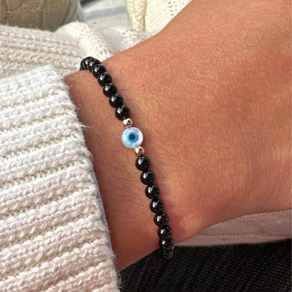 14K Gold Black Tourmaline & Evil Eye Bracelet - Your Lucky Charm