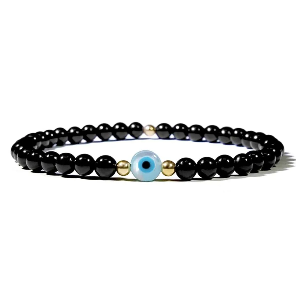 14K Gold Black Tourmaline & Evil Eye Bracelet - Your Lucky Charm