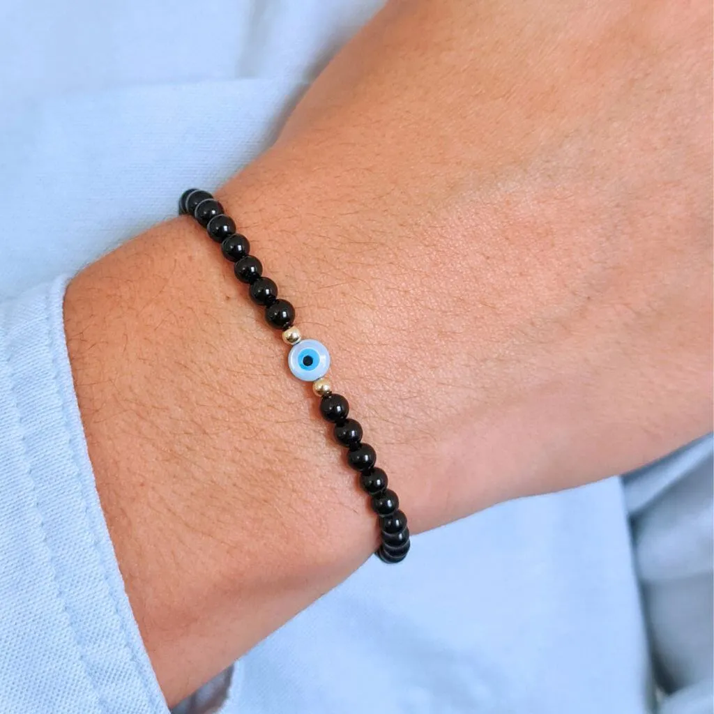 14K Gold Black Tourmaline & Evil Eye Bracelet - Your Lucky Charm