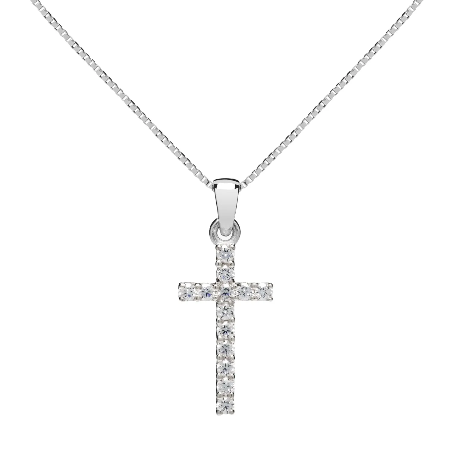 14K Solid White Gold Cross | Pave Round Cut Cubic Zirconia Pendant Necklace | 15mm Long .30 CTW | 18 Inch .60mm Box Link Chain | With Gift Box