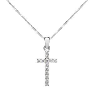 14K Solid White Gold Cross | Pave Round Cut Cubic Zirconia Pendant Necklace | 15mm Long .30 CTW | 18 Inch .60mm Box Link Chain | With Gift Box