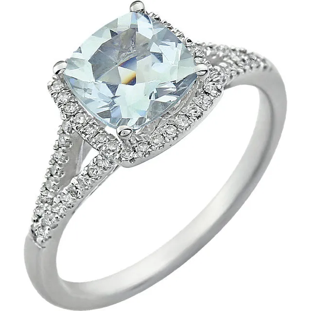14K White Gold 7mm Cushion Cut Aquamarine & Diamond Halo Ring