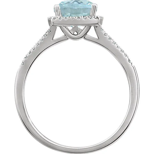 14K White Gold 7mm Cushion Cut Aquamarine & Diamond Halo Ring