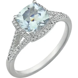 14K White Gold 7mm Cushion Cut Aquamarine & Diamond Halo Ring