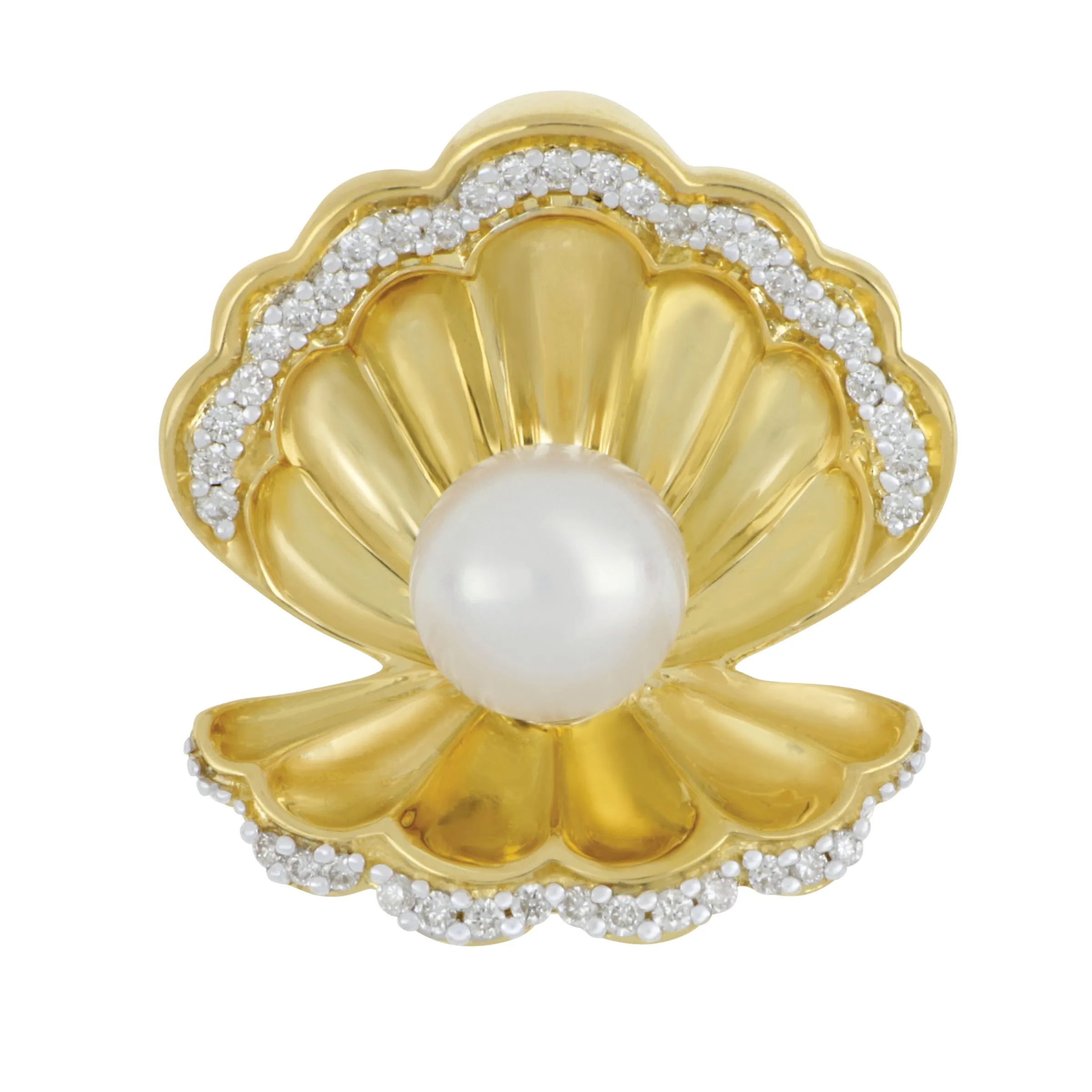 14k Yellow Gold Diamond Open Scallop with Freshwater Pearl 6-6.5mm Pendant, D=0.16tw