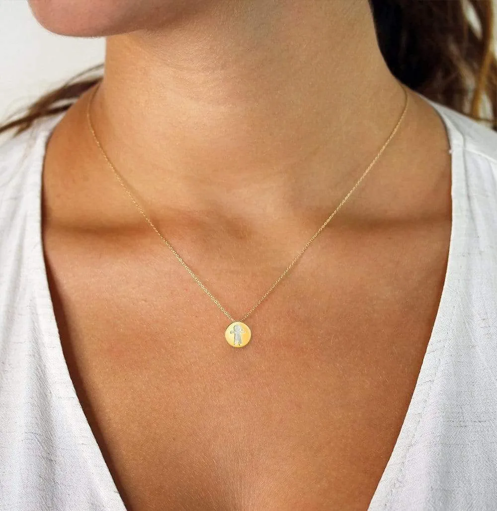 14K Yellow Gold Mother of Pearl Little Boy Disc Pendant Necklace