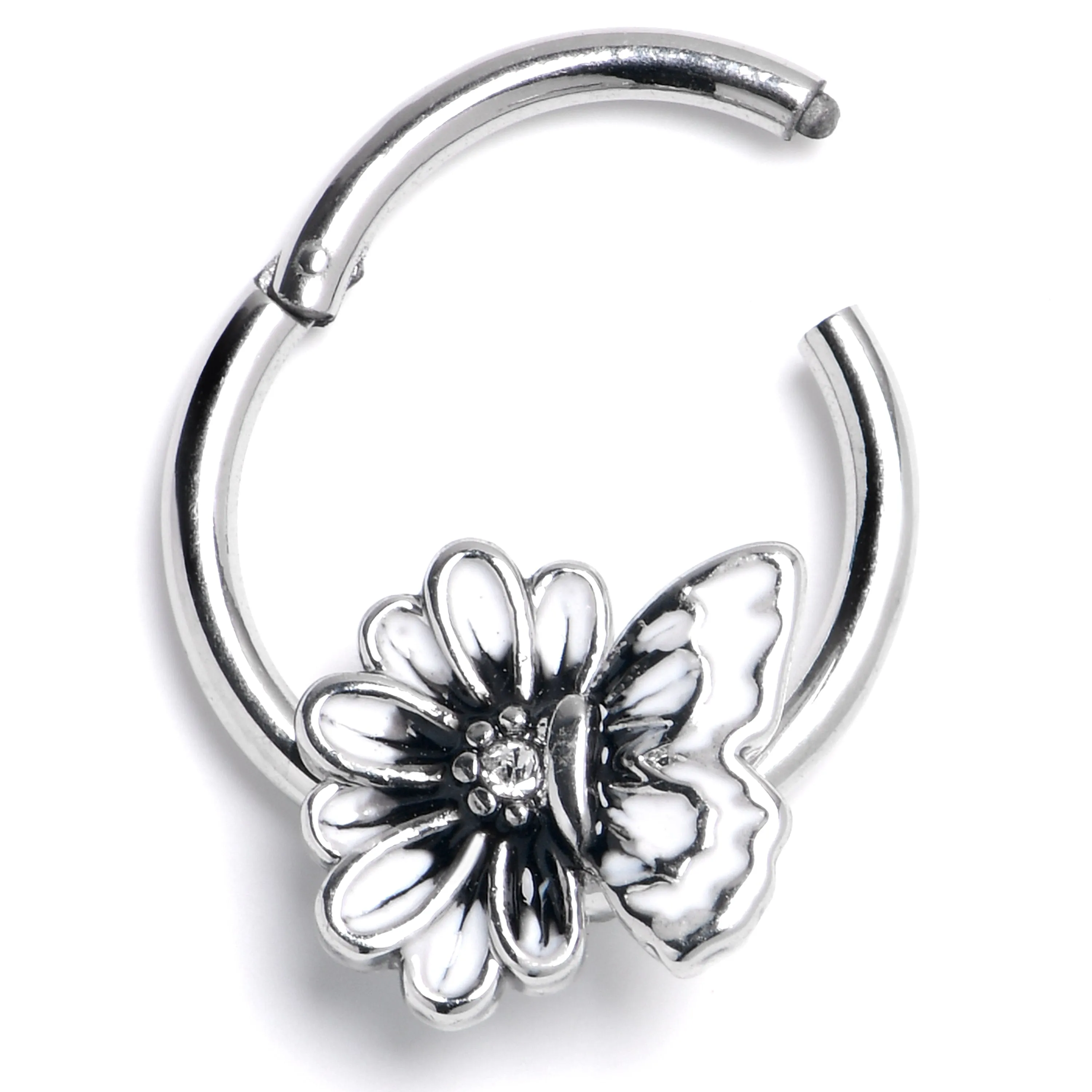 16 Gauge 3/8 Clear CZ Gem Butterfly Blossom Black Hinged Segment Ring