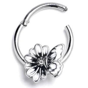 16 Gauge 3/8 Clear CZ Gem Butterfly Blossom Black Hinged Segment Ring