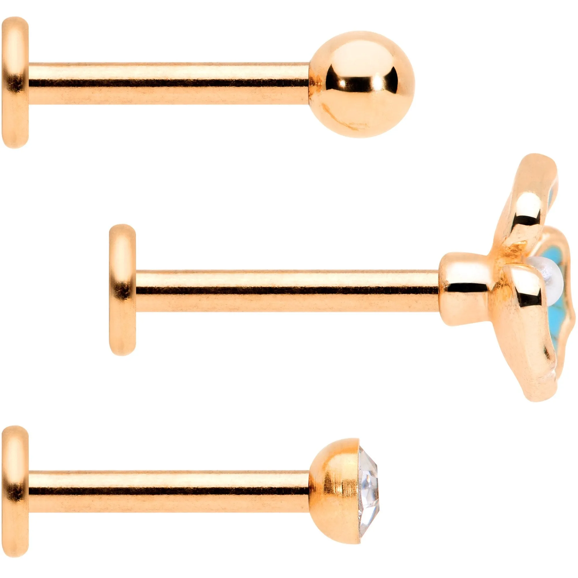 16 Gauge 5/16 Clear Gem Rose Gold Tone Blue Pansy Labret Set