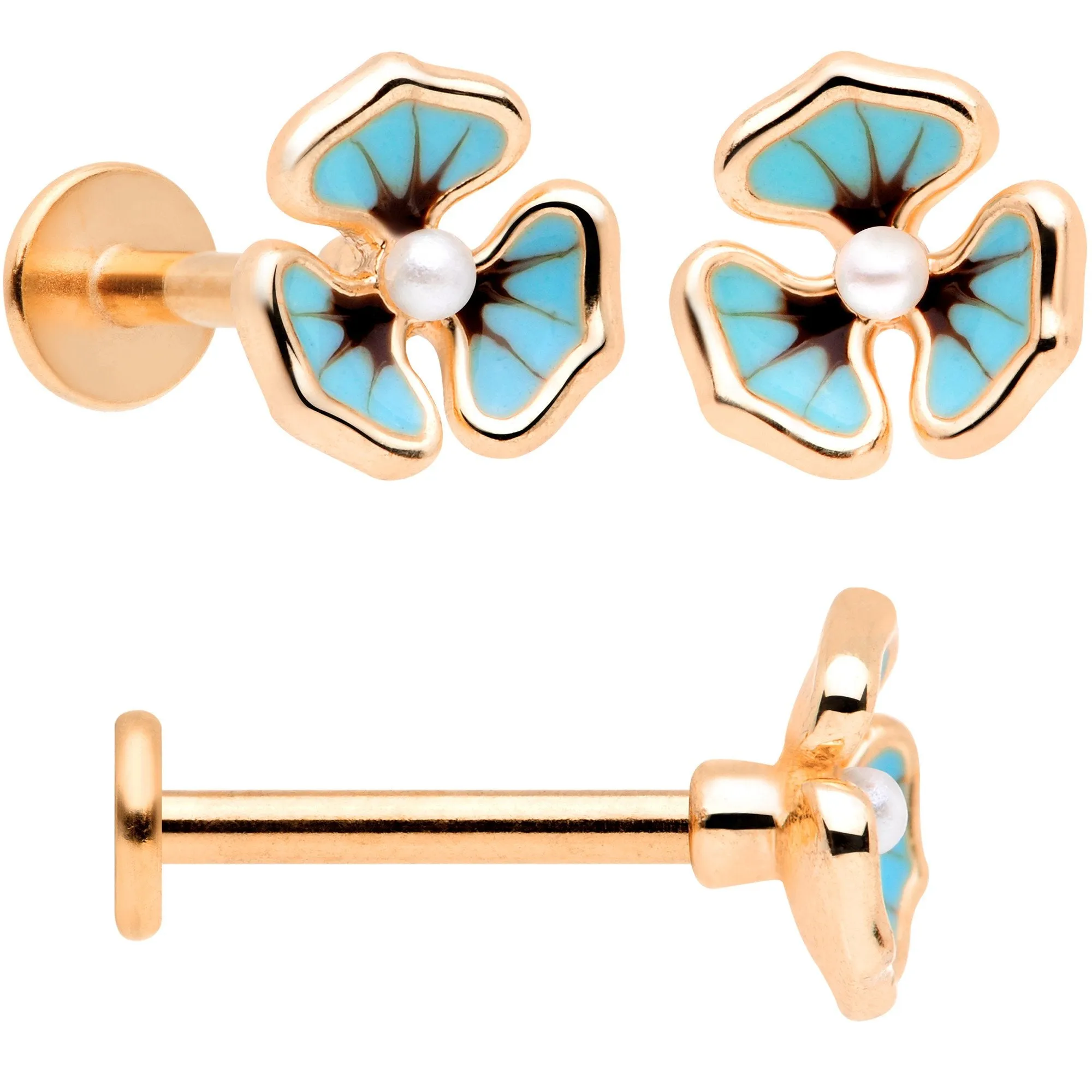 16 Gauge 5/16 Clear Gem Rose Gold Tone Blue Pansy Labret Set