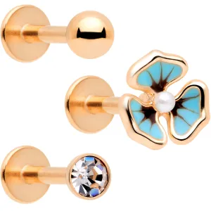16 Gauge 5/16 Clear Gem Rose Gold Tone Blue Pansy Labret Set