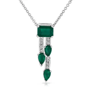 18k White Gold Necklace with Emerald Gemstone and Diamond Pendant