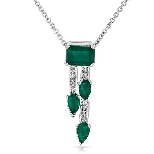 18k White Gold Necklace with Emerald Gemstone and Diamond Pendant