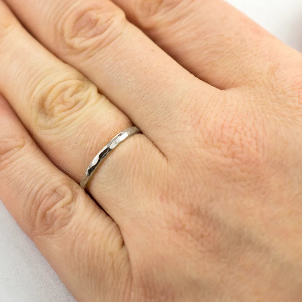 2mm Wide x 1.7 mm Thick, 14k White Gold Half Round Wedding Band, Hammered Polished