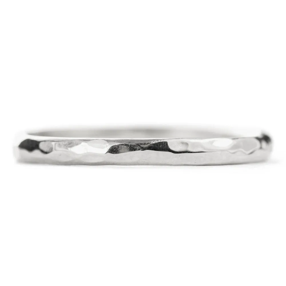 2mm Wide x 1.7 mm Thick, 14k White Gold Half Round Wedding Band, Hammered Polished