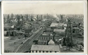 Aerial View of Newtown Texas Postcard/RPPC Oil Derricks/Boom Town