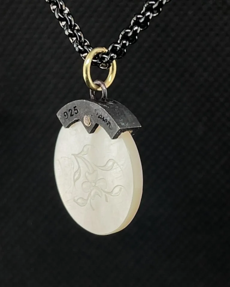 Antique Mother-of-Pearl Gaming Counter Yellow Gold Silver Pendant Steel Chain