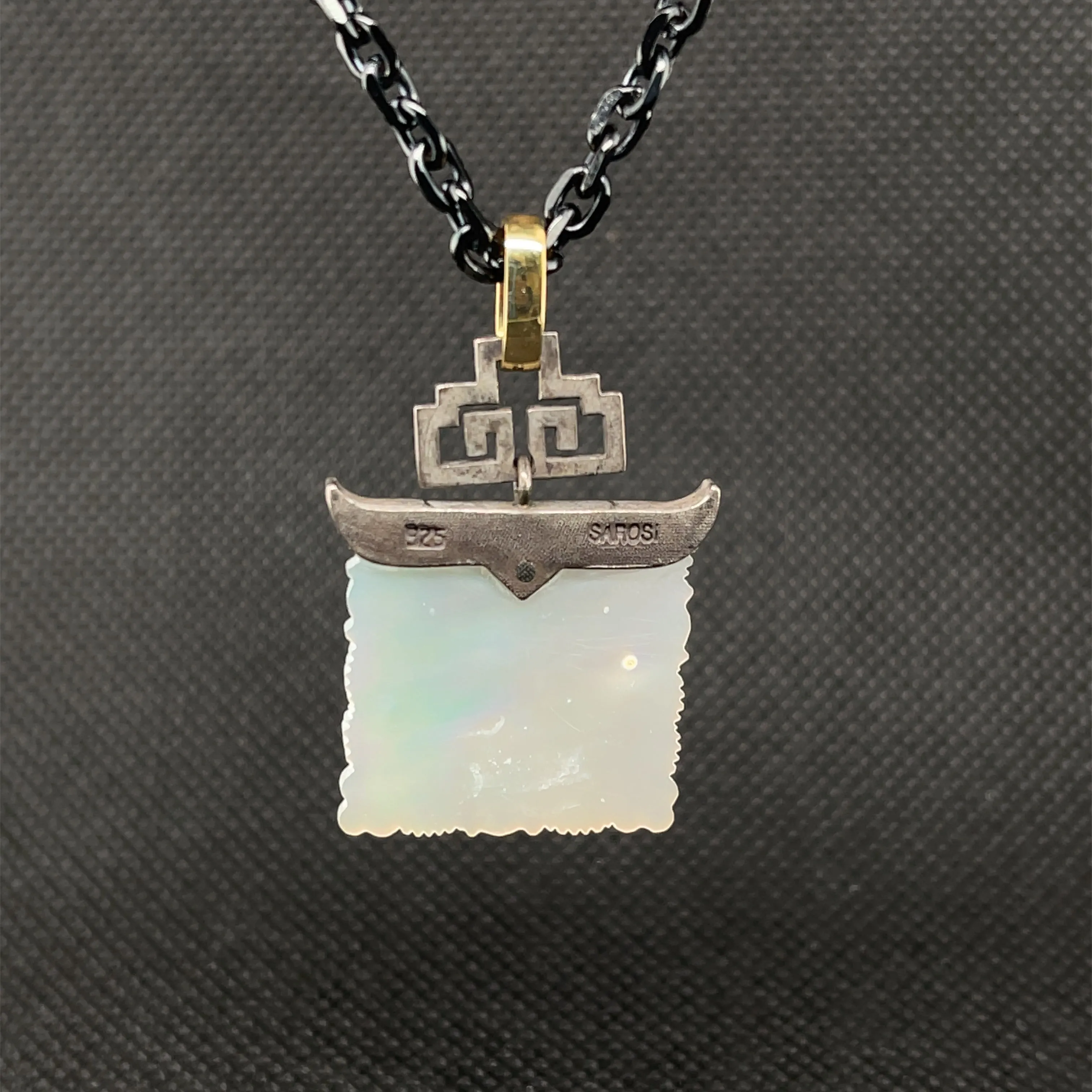 Antique Mother-of-Pearl Gaming Counter Yellow Gold Silver Pendant Steel Chain