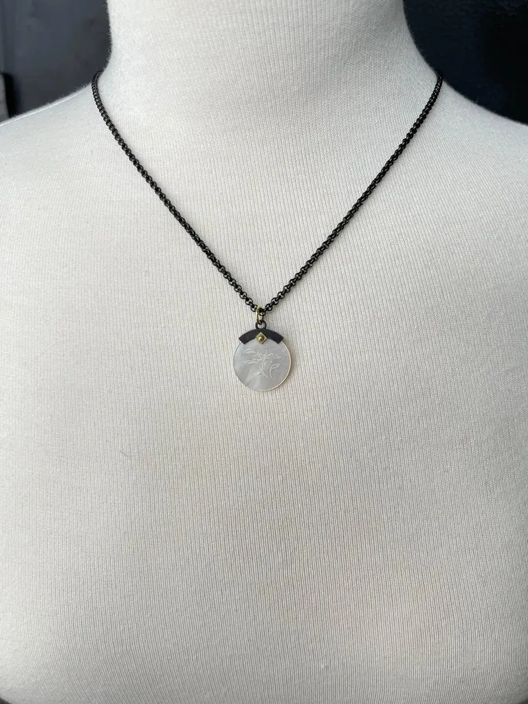 Antique Mother-of-Pearl Gaming Counter Yellow Gold Silver Pendant Steel Chain