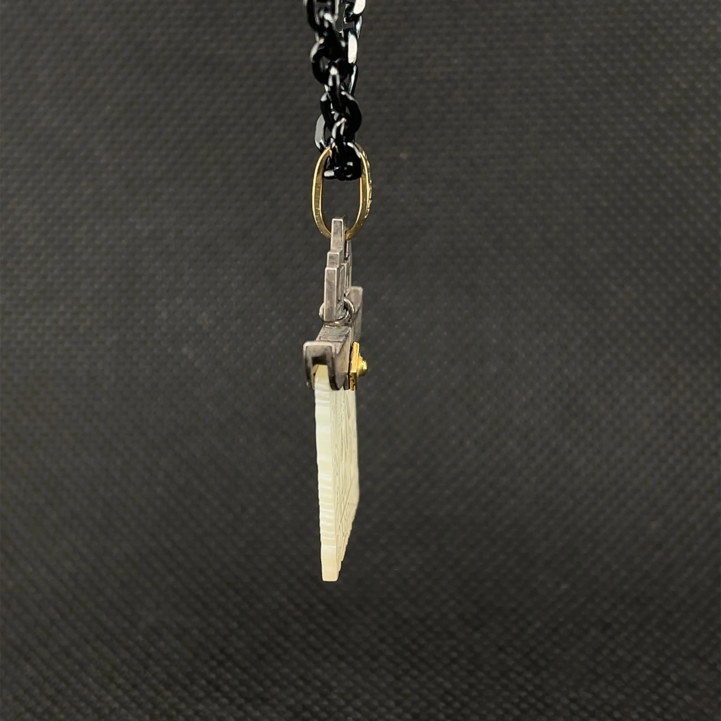 Antique Mother-of-Pearl Gaming Counter Yellow Gold Silver Pendant Steel Chain
