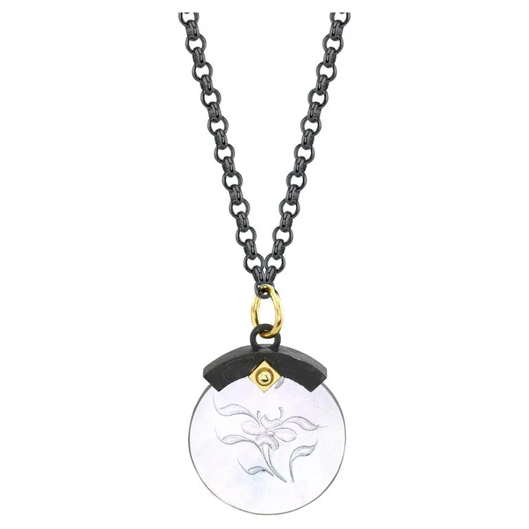 Antique Mother-of-Pearl Gaming Counter Yellow Gold Silver Pendant Steel Chain