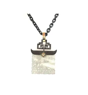 Antique Mother-of-Pearl Gaming Counter Yellow Gold Silver Pendant Steel Chain