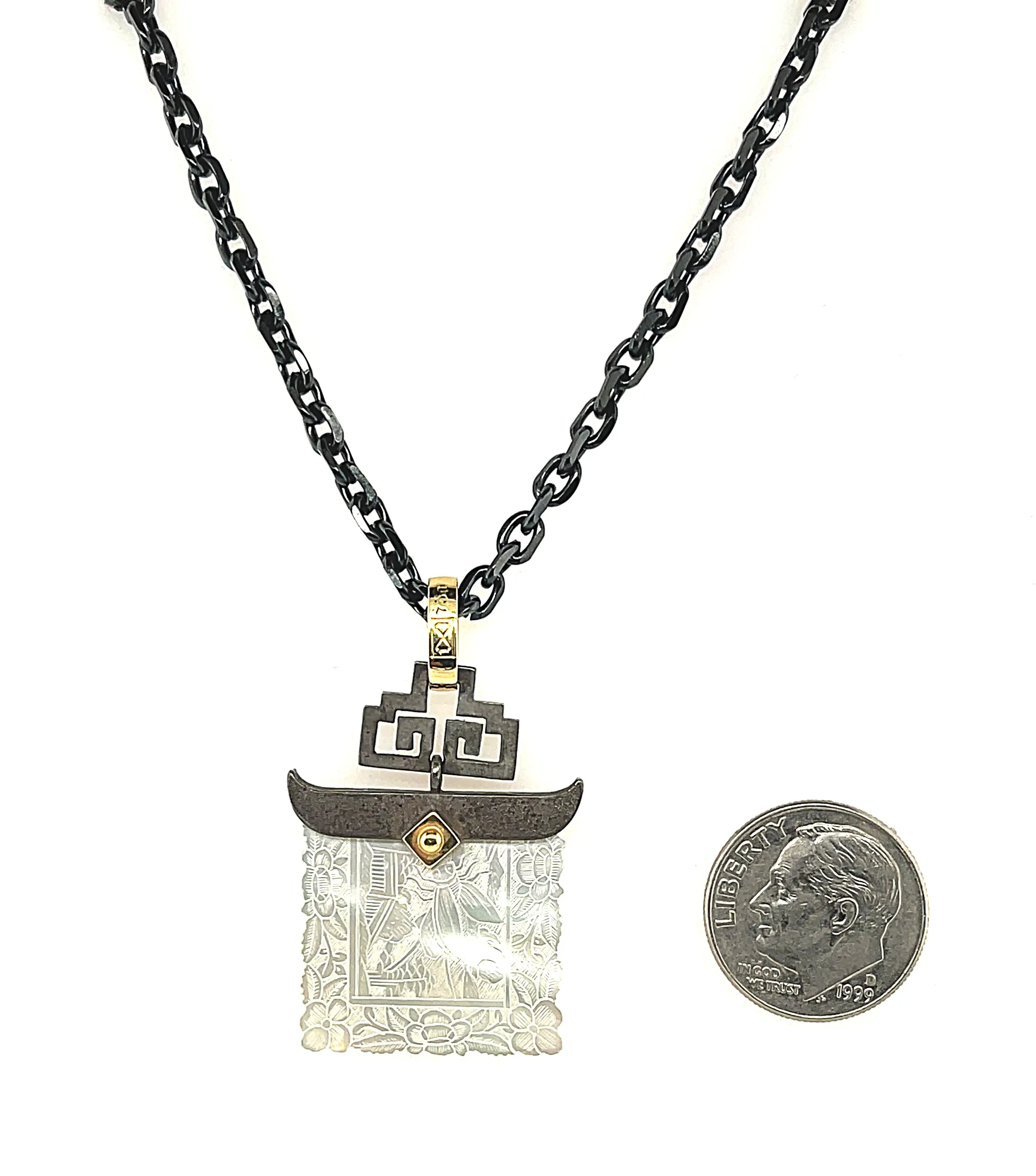 Antique Mother-of-Pearl Gaming Counter Yellow Gold Silver Pendant Steel Chain