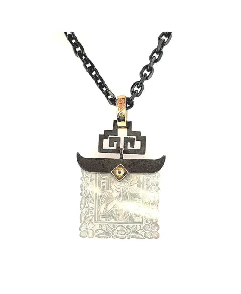 Antique Mother-of-Pearl Gaming Counter Yellow Gold Silver Pendant Steel Chain
