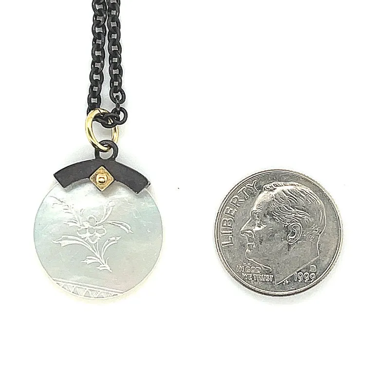 Antique Mother-of-Pearl Gaming Counter Yellow Gold Silver Pendant Steel Chain