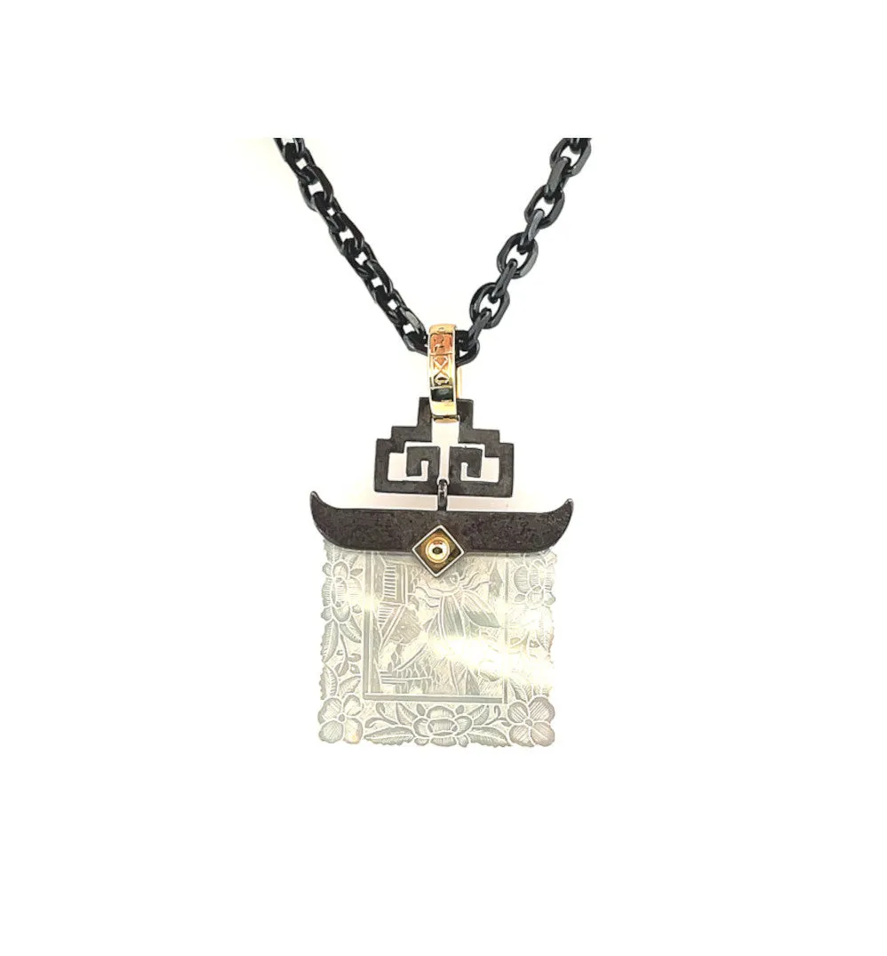 Antique Mother-of-Pearl Gaming Counter Yellow Gold Silver Pendant Steel Chain