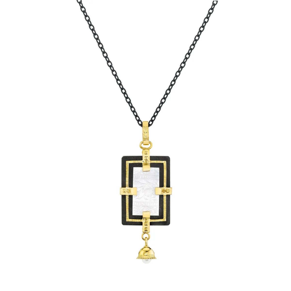 Antique Mother-of-Pearl Gaming Counter Yellow Gold Silver Pendant Steel Chain