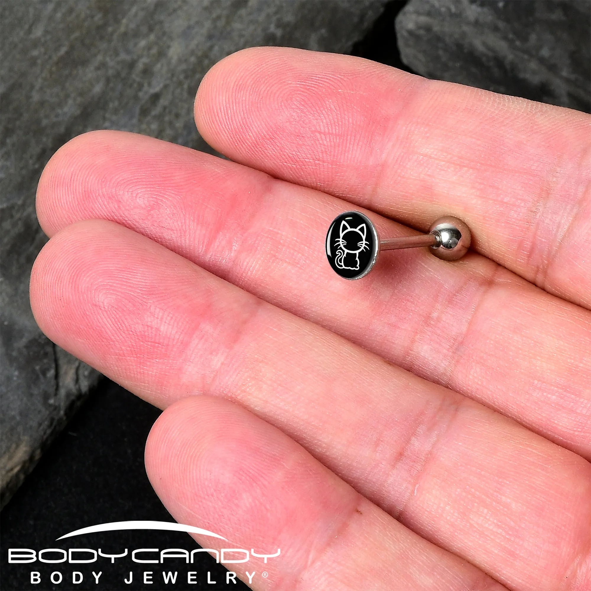 Black and White Kitty Cat Barbell Tongue Ring