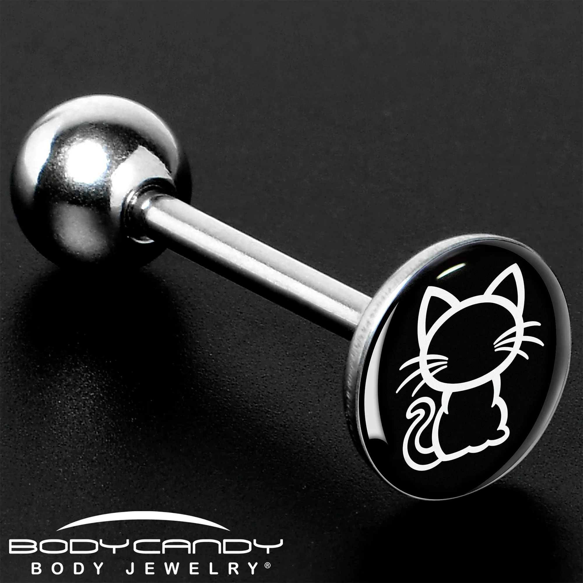 Black and White Kitty Cat Barbell Tongue Ring