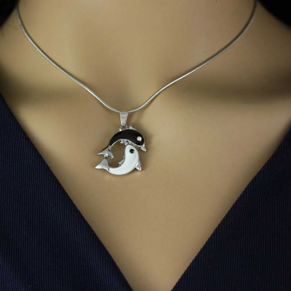 Black and White Yin Yang Dolphins Pendant on Silver Chain- PT801