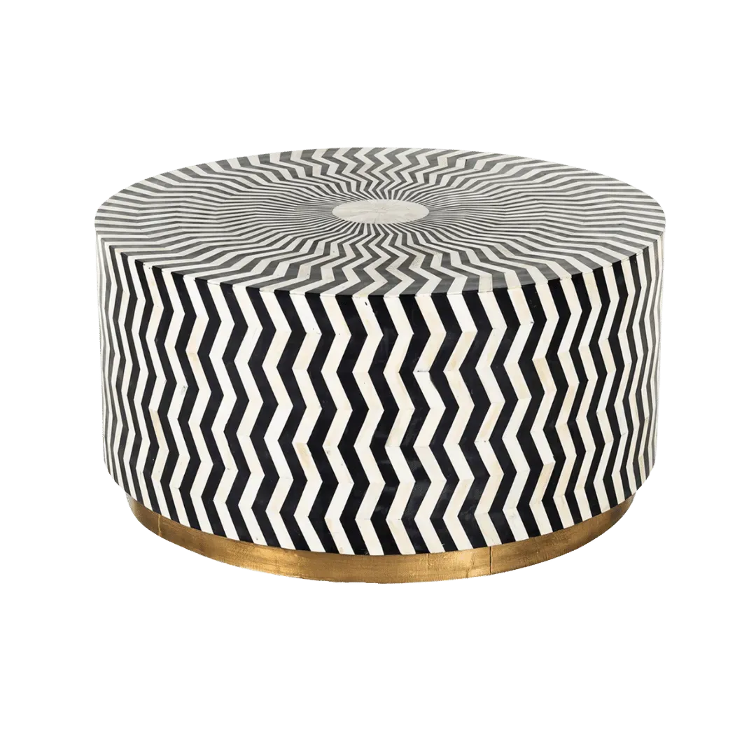 Black and White Zic Zac Bone Inlay Round Coffee Table