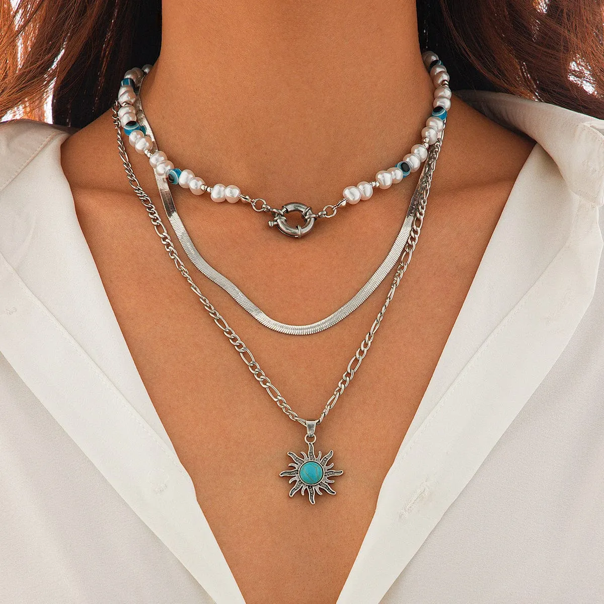 Bohemia Turquoise Inlaid Sun Pendant Evil Eye Pearl Chain Necklace Set