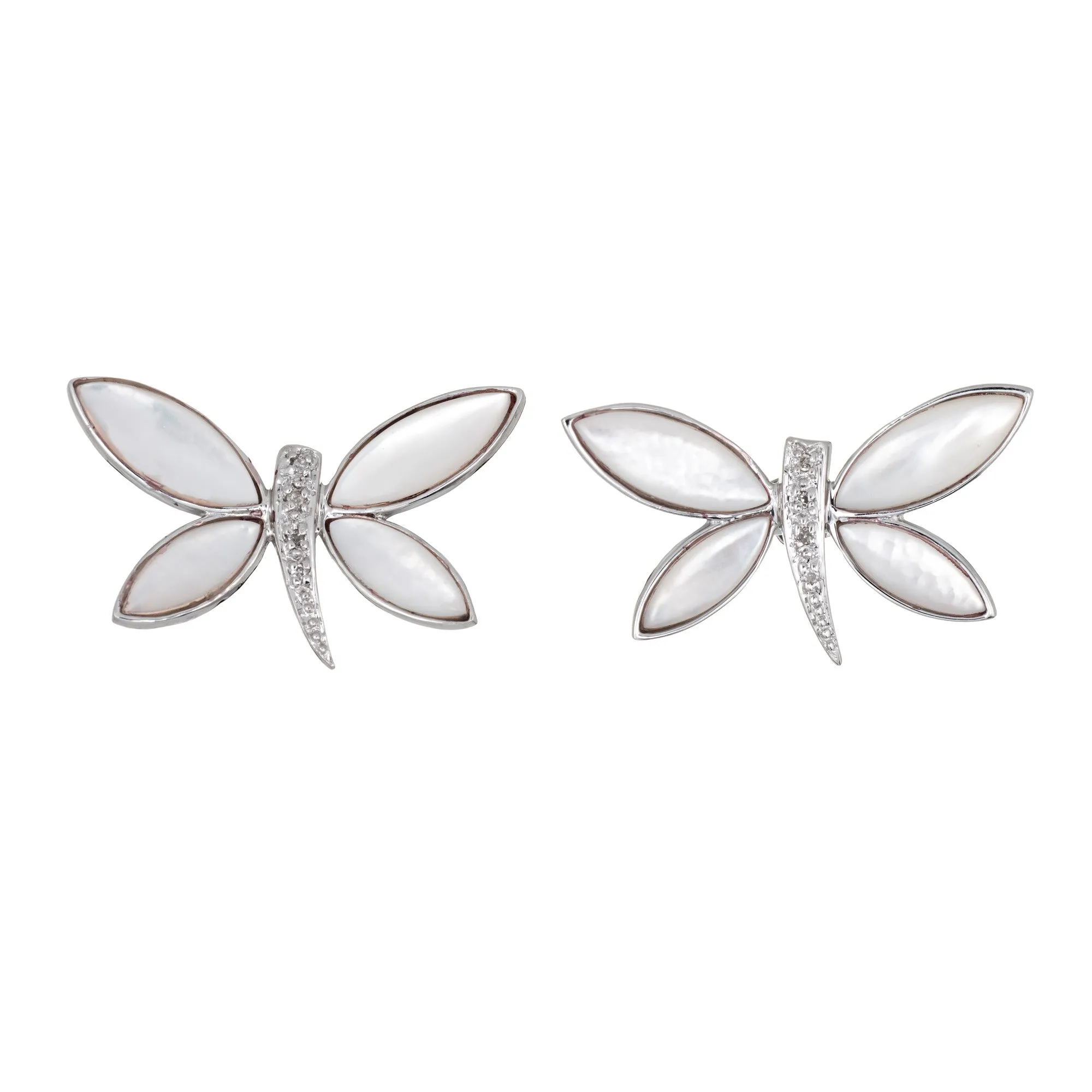 Butterfly Earrings Diamond Mother of Pearl Estate 14k White Gold Fine Jewelry