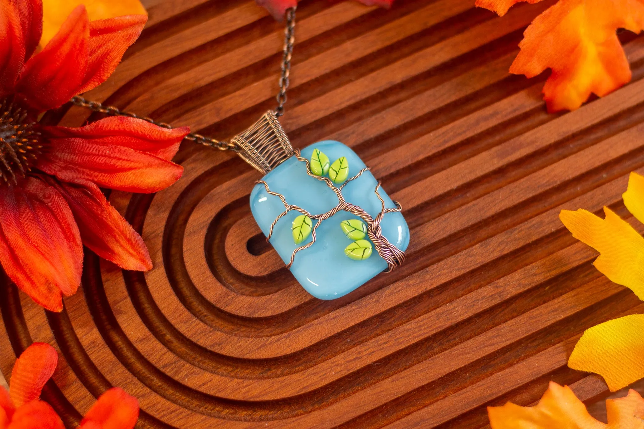 Copper Tree of Life with Green Leaves