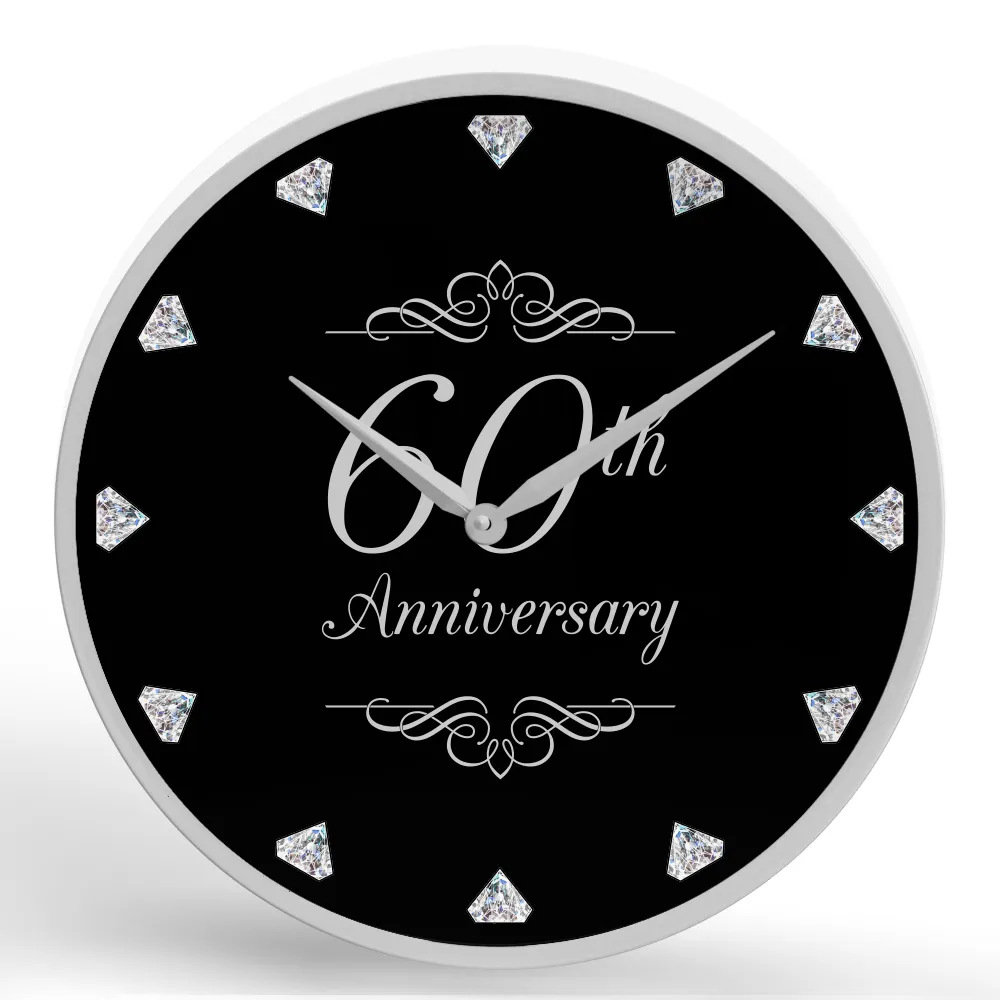 Diamond 60th Anniversary <br>Round Framed Wall Clock 11.75"