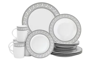Dinnerware Set for 4 - White with Silver 16 Piece Vintage Porcelain Dish Set Tableware Setting with Mugs for Every Day Use or Formal Occasions (Silver, 16 PIECE SET)