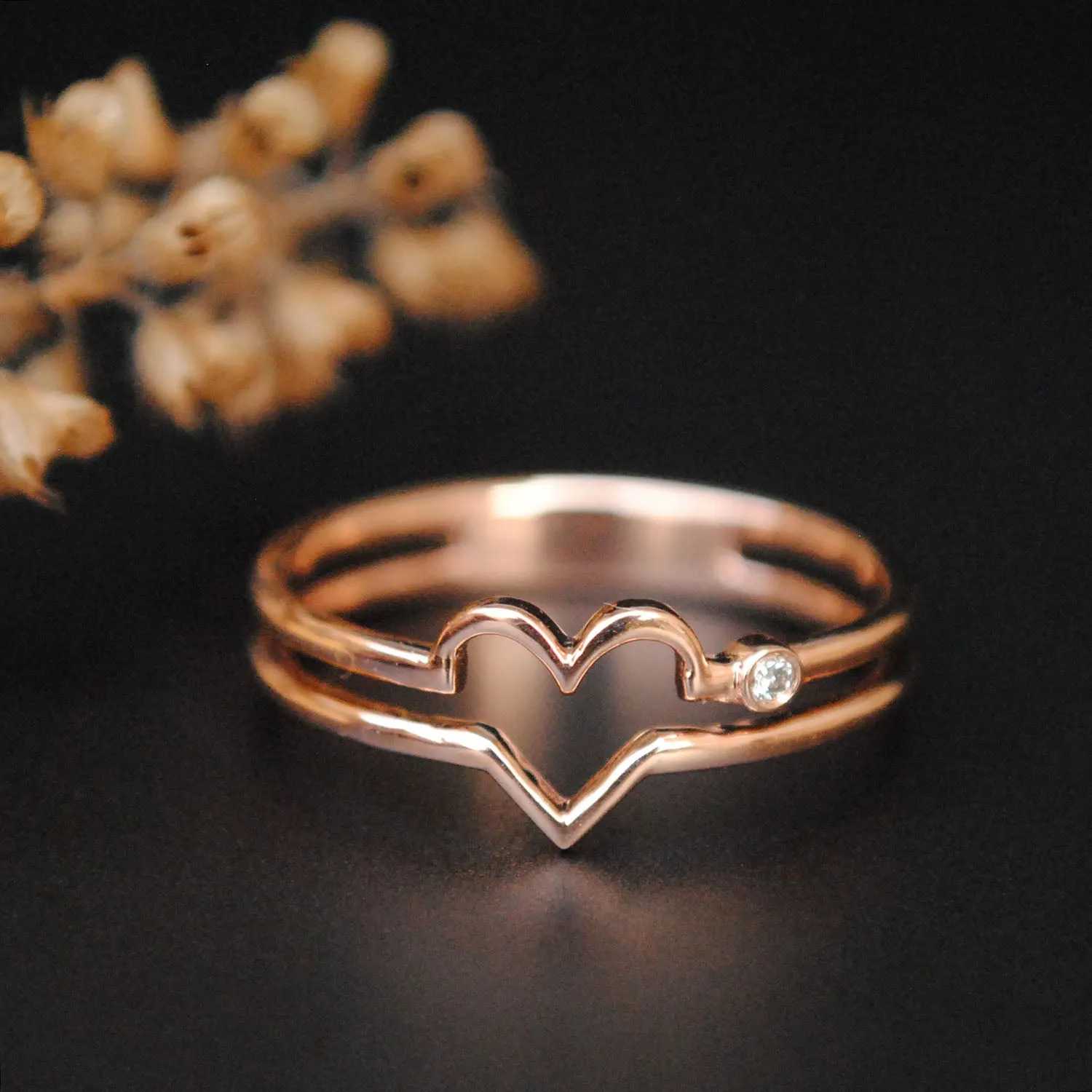 Double Band Love Heart Ring with Diamond