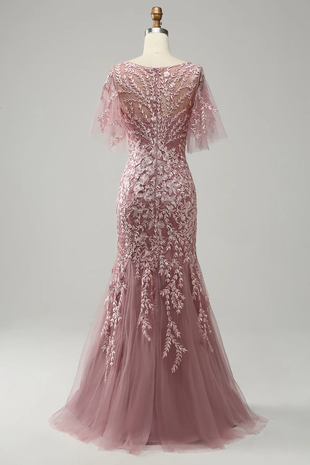 Dusty Rose Butterfly Sleeves Appliques Mermaid Long Mother of the Bride Dress