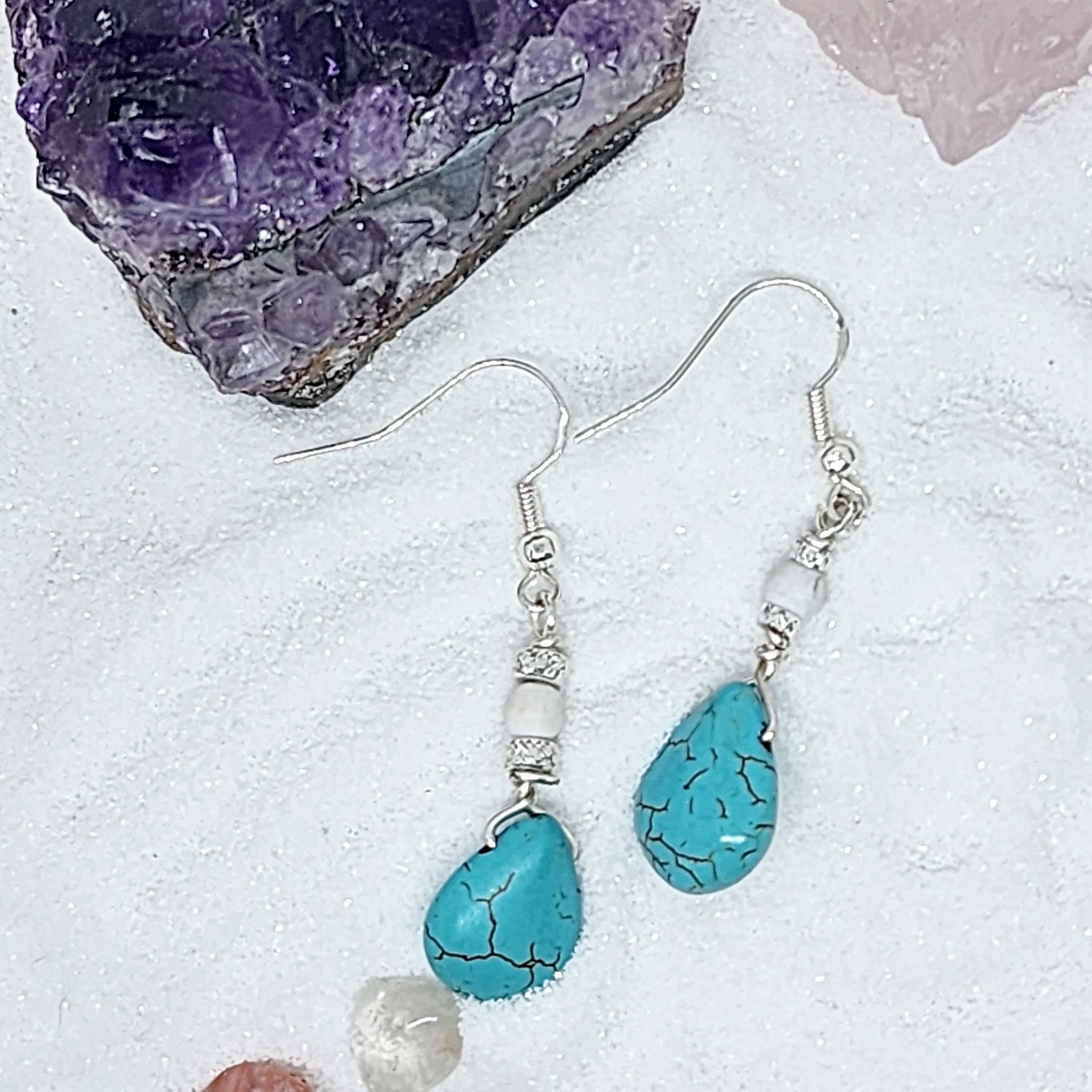Elegant Teardrop Turquoise Howlite & White Howlite Sterling Silver Earrings - Handmade Earrings