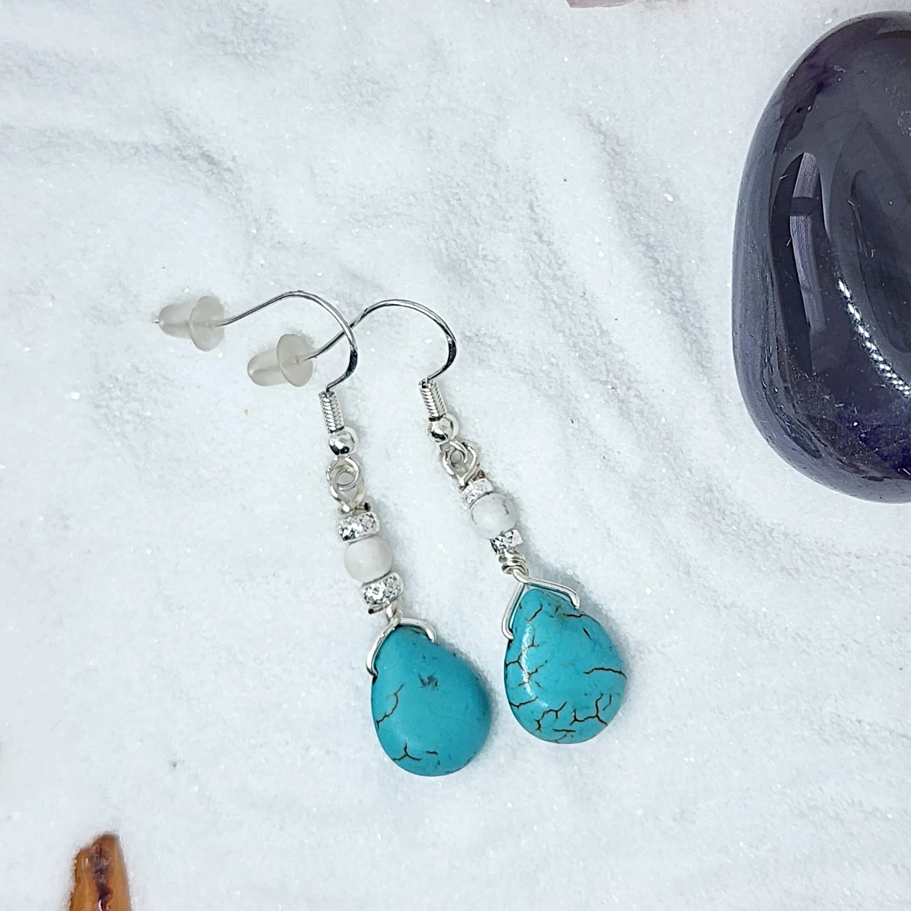 Elegant Teardrop Turquoise Howlite & White Howlite Sterling Silver Earrings - Handmade Earrings