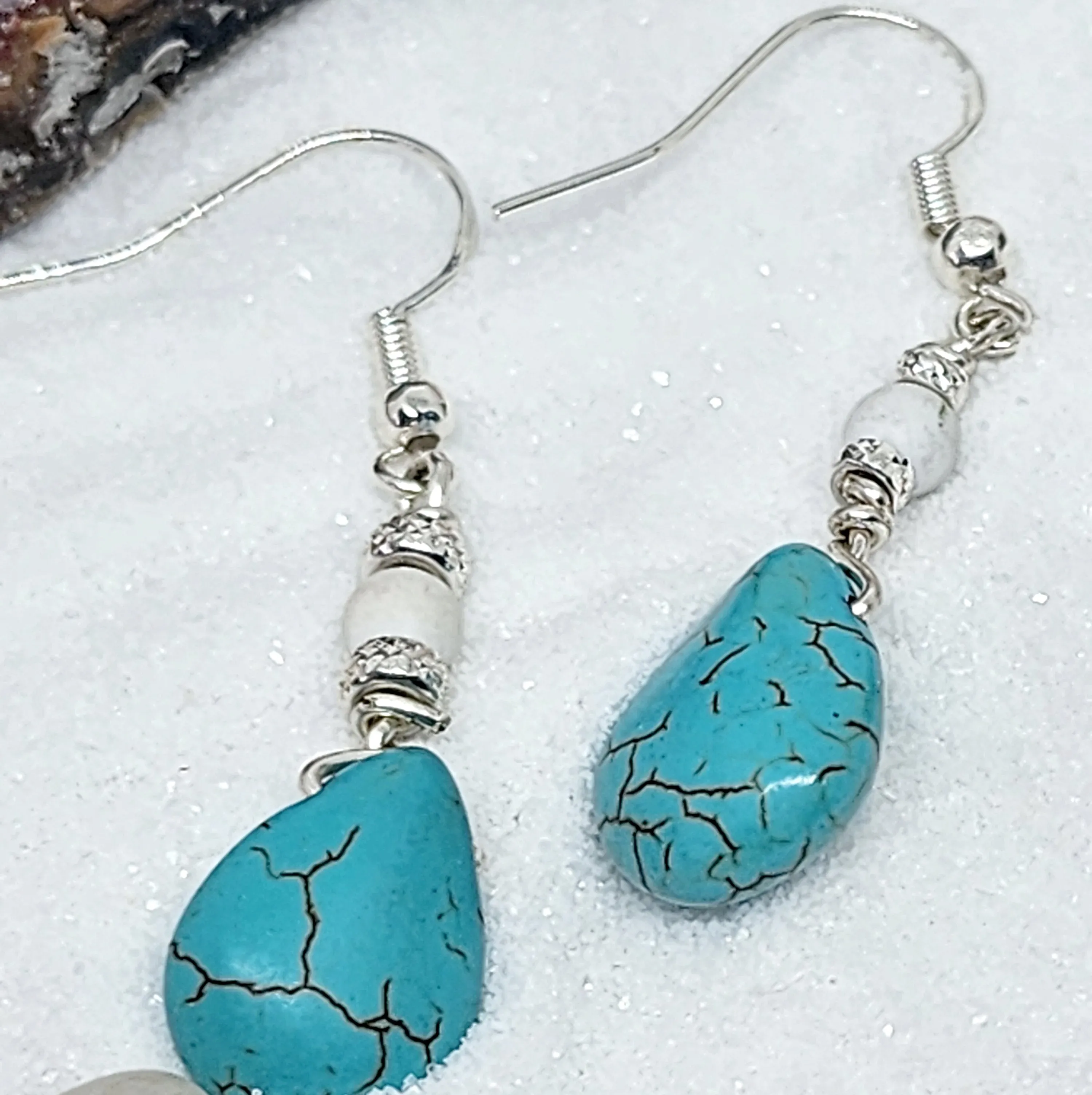 Elegant Teardrop Turquoise Howlite & White Howlite Sterling Silver Earrings - Handmade Earrings