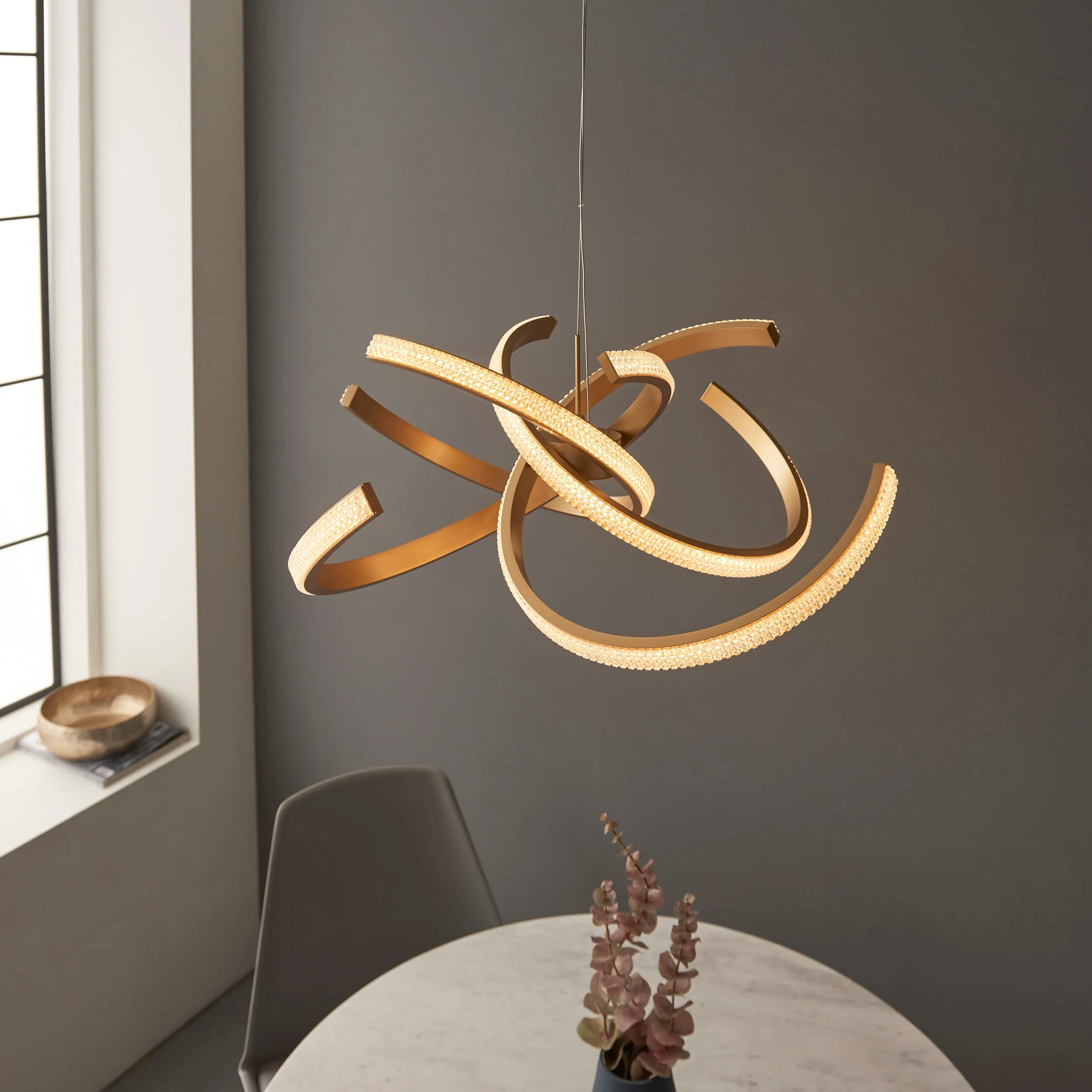 Endon 97614 Lorenzo 4lt Pendant Satin gold paint & clear acrylic 4 x 12W LED tape module (SMD 2835) Warm White